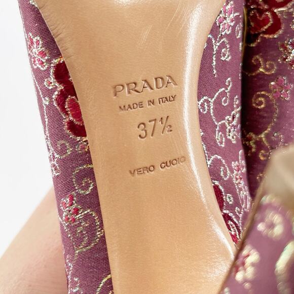 Vintage Prada Plum Gold Brocade Snakeskin Trim Bow Square Toe Heels IT 37.5 - Picture 12 of 13